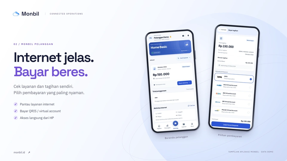 Monbil Pelanggan — Internet jelas, bayar beres. Dua ponsel dengan screenshot asli Beranda dan pilihan pembayaran QRIS serta virtual account.